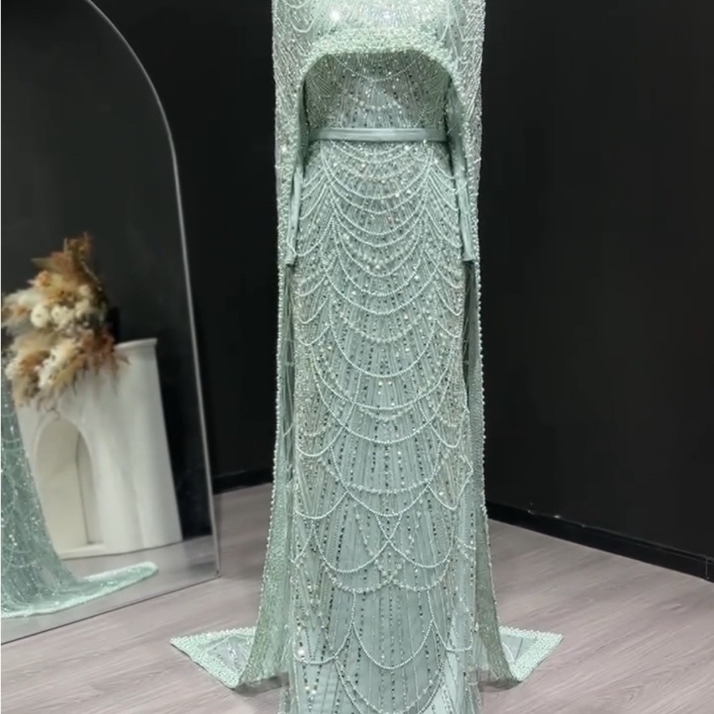 Modest Elegant Beaded Evening Gown - Mint Green